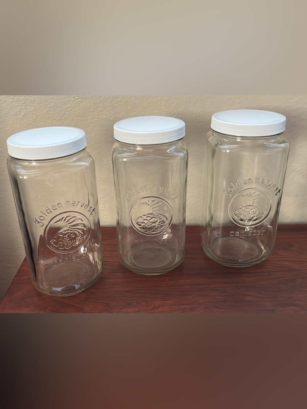 Vintage Golden Harvest Square Clear Glass Storage Jars with Lids - Set of 3